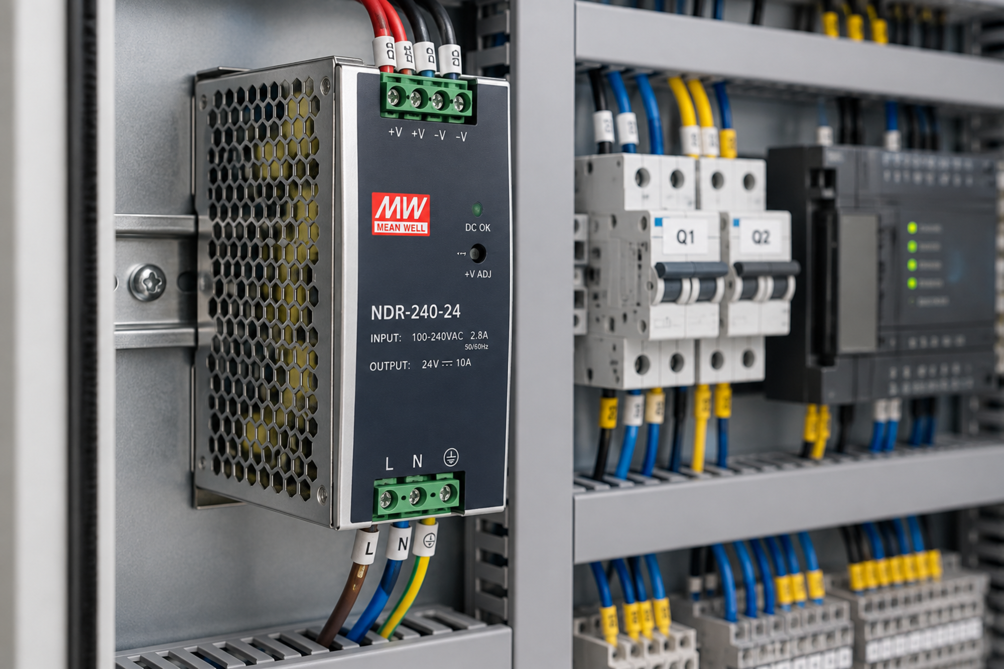 Industrial power supply installed inside an electrical control panel